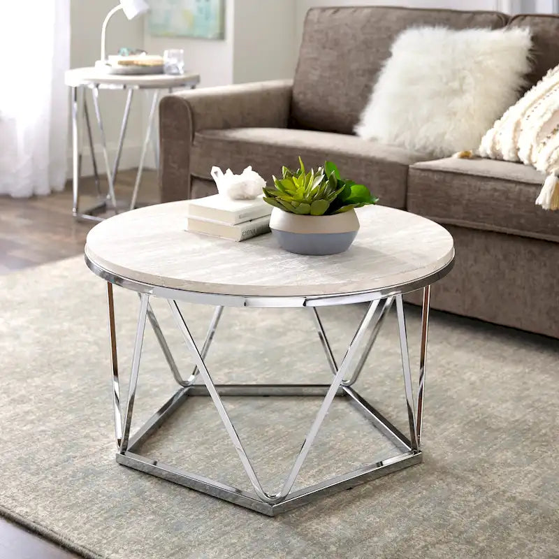 Tavolino rotondo SEI Furniture Henderson con finitura argento e finto marmo
