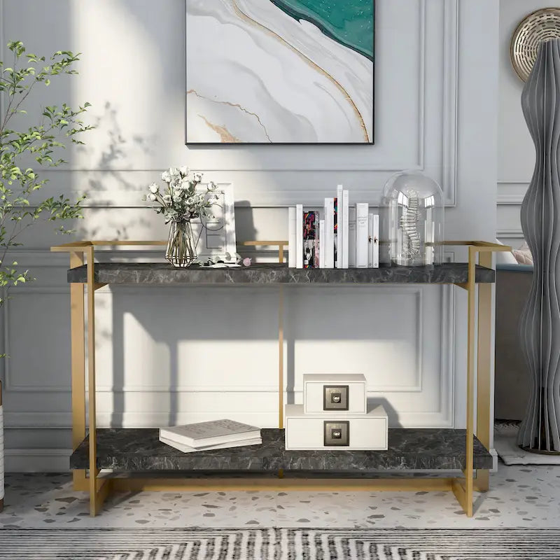 Tavolino da divano Lovell Glam Gold and Black da 51 pollici in finto marmo a 1 ripiano di Furniture of America