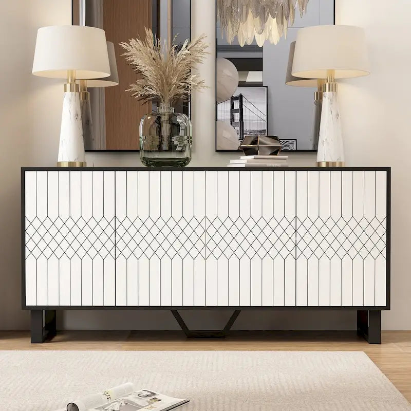 Modern 4 Door Bookmatch Buffet 63inch Black White End Table Sideboard