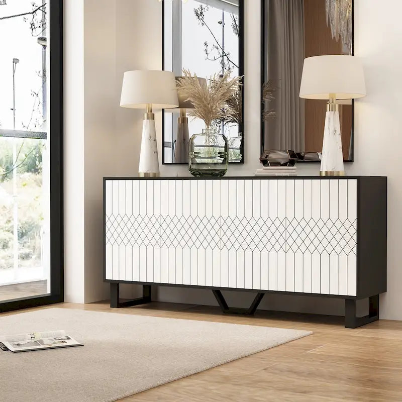 Credenza moderna a 4 ante con motivo a libro da 160 cm, bianco e nero, tavolo laterale