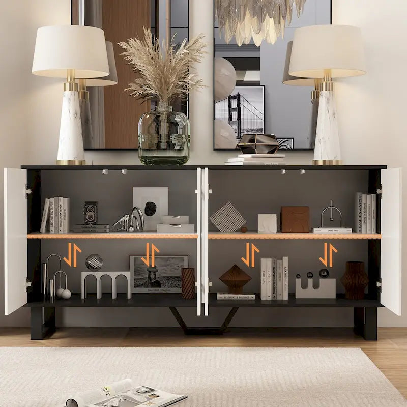 Credenza moderna a 4 ante con motivo a libro da 160 cm, bianco e nero, tavolo laterale