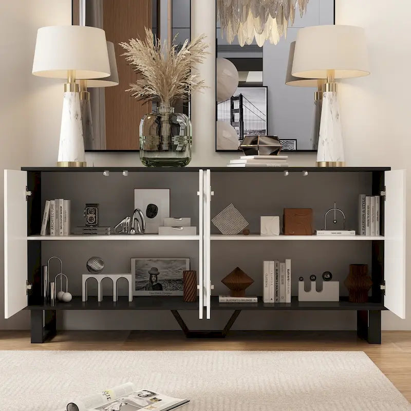 Credenza moderna a 4 ante con motivo a libro da 160 cm, bianco e nero, tavolo laterale