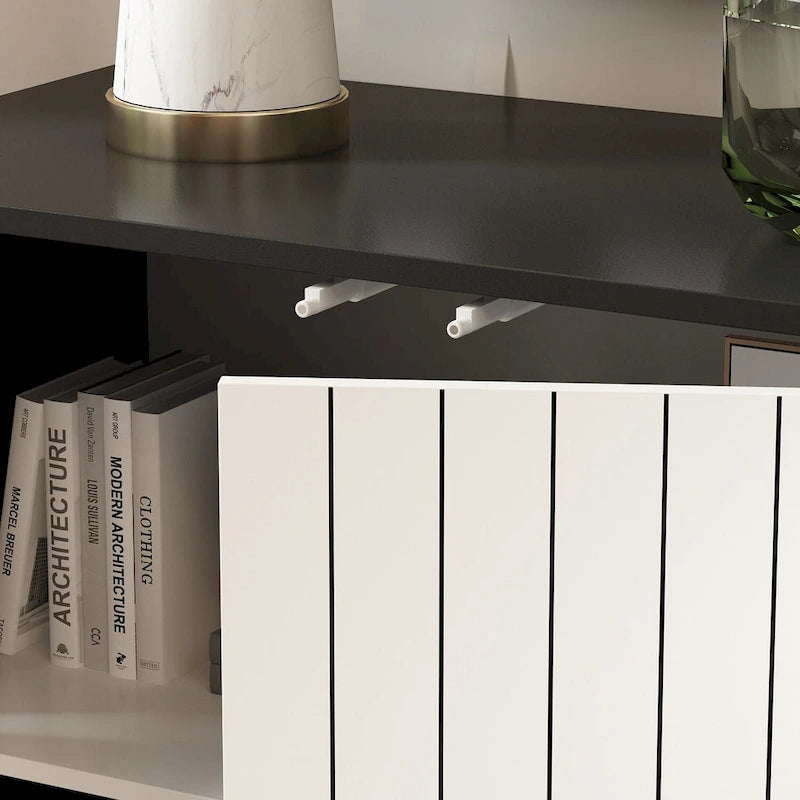 Credenza moderna a 4 ante con motivo a libro da 160 cm, bianco e nero, tavolo laterale