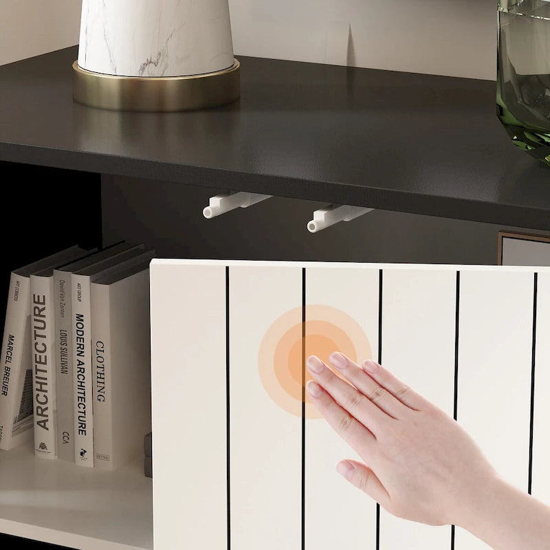 Credenza moderna a 4 ante con motivo a libro da 160 cm, bianco e nero, tavolo laterale
