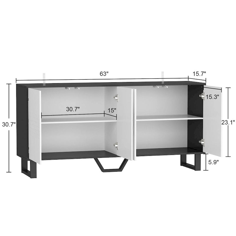 Credenza moderna a 4 ante con motivo a libro da 160 cm, bianco e nero, tavolo laterale