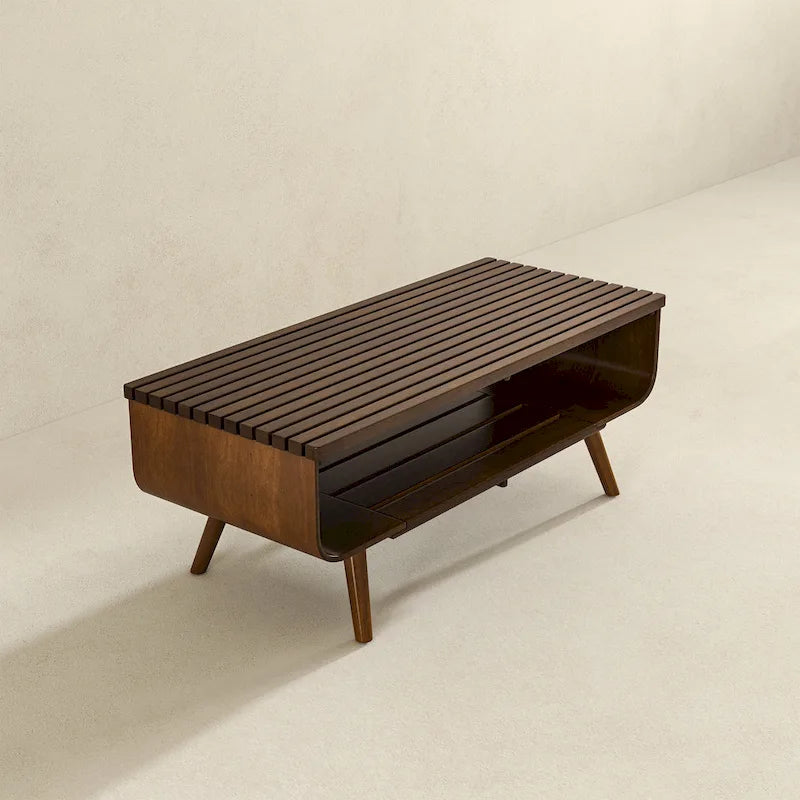 Tavolino da caffè rettangolare Adelina Mid-Century in legno massello marrone