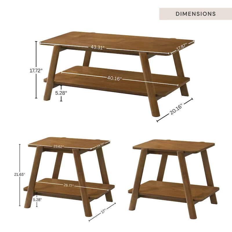 Set di 3 tavolini da salotto Roundhill Furniture Metz in legno, stile Mid-Century, con ripiano
