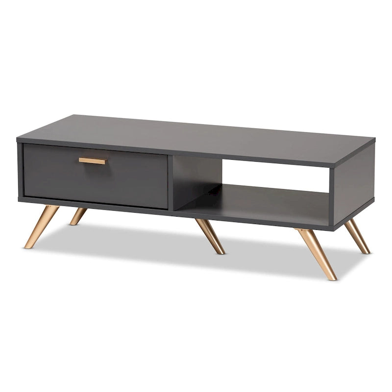 Tavolino da Caffè Kelson Modern in Legno Grigio Scuro con Finiture Dorate