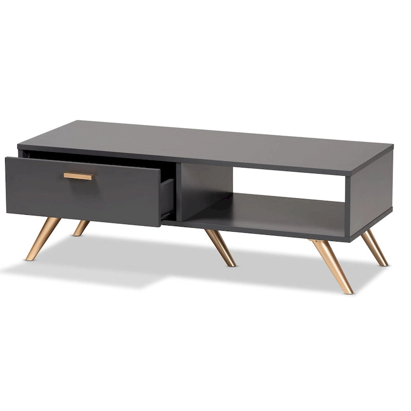 Tavolino da Caffè Kelson Modern in Legno Grigio Scuro con Finiture Dorate