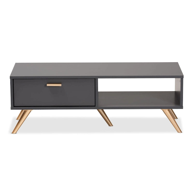 Tavolino da Caffè Kelson Modern in Legno Grigio Scuro con Finiture Dorate
