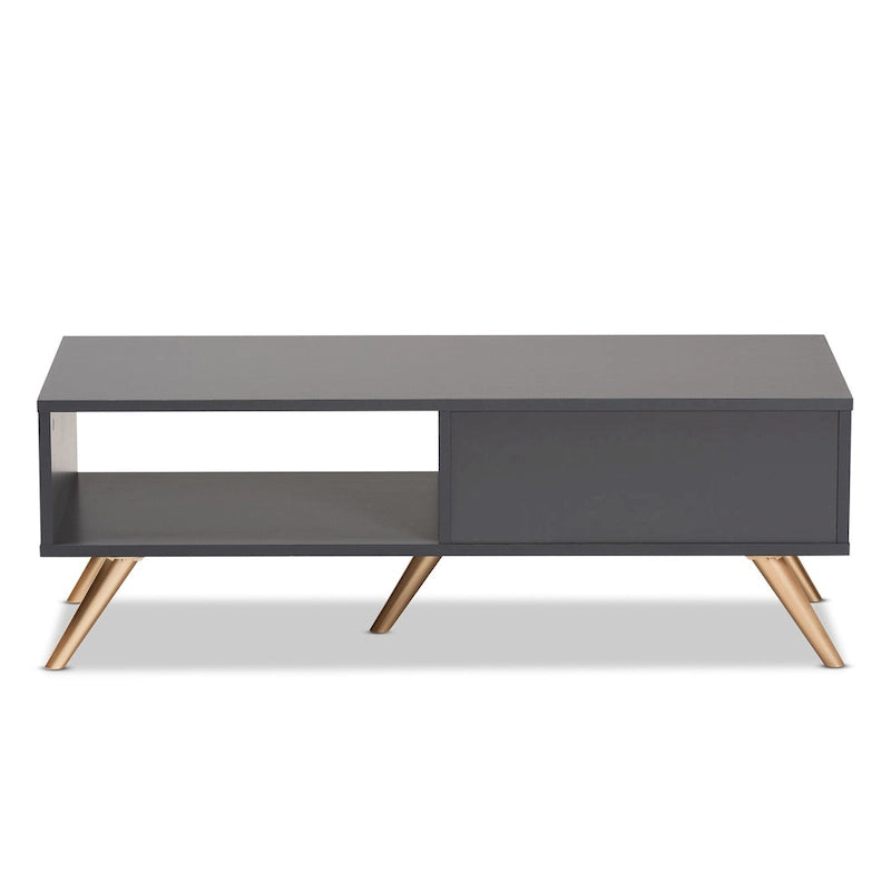 Tavolino da Caffè Kelson Modern in Legno Grigio Scuro con Finiture Dorate