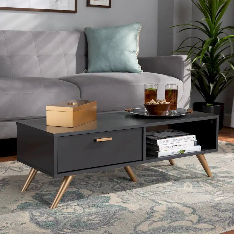 Tavolino da Caffè Kelson Modern in Legno Grigio Scuro con Finiture Dorate