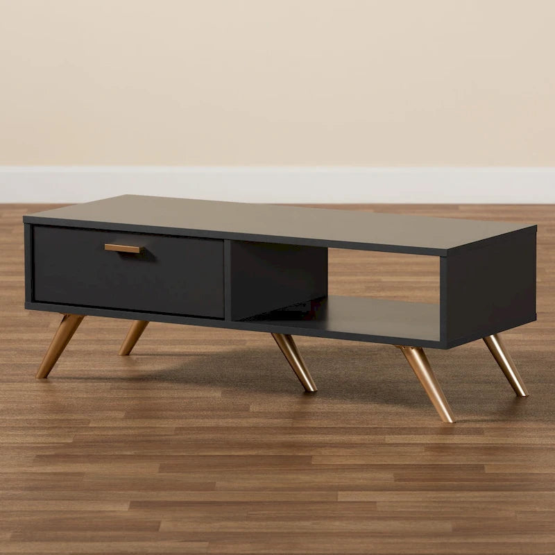 Tavolino da Caffè Kelson Modern in Legno Grigio Scuro con Finiture Dorate