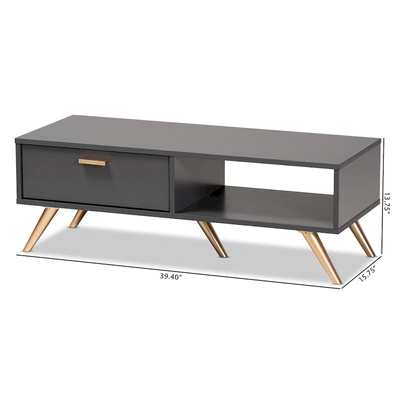 Tavolino da Caffè Kelson Modern in Legno Grigio Scuro con Finiture Dorate