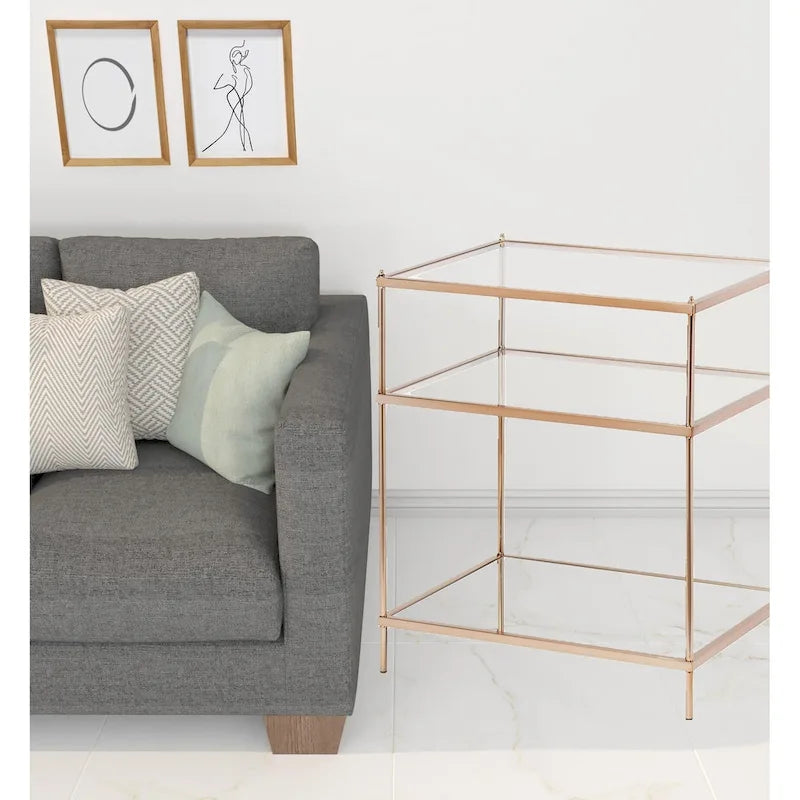 Tavolino da Divano Quadrato a Specchio 27 Oro, Vetro e Ferro con Ripiano - 22x18x26.75