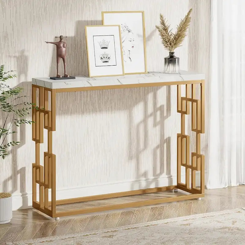 Consolle, Tavolini da divano moderni in finto marmo bianco per soggiorno