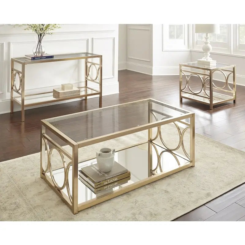 Table basse Steve Silver Oria moderne en verre trempé et métal doré