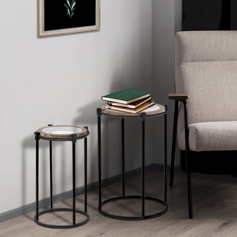 Tavolino d'appoggio rotondo in metallo e vetro Carbon Loft Satine (set di 2)
