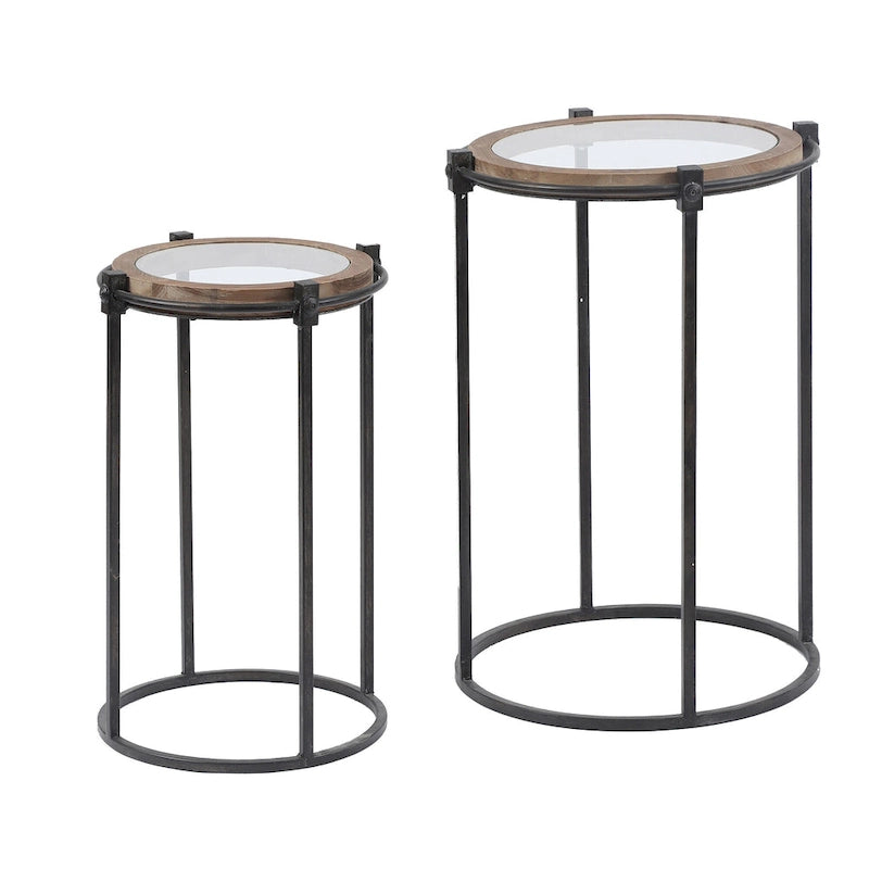 Tavolino d'appoggio rotondo in metallo e vetro Carbon Loft Satine (set di 2)