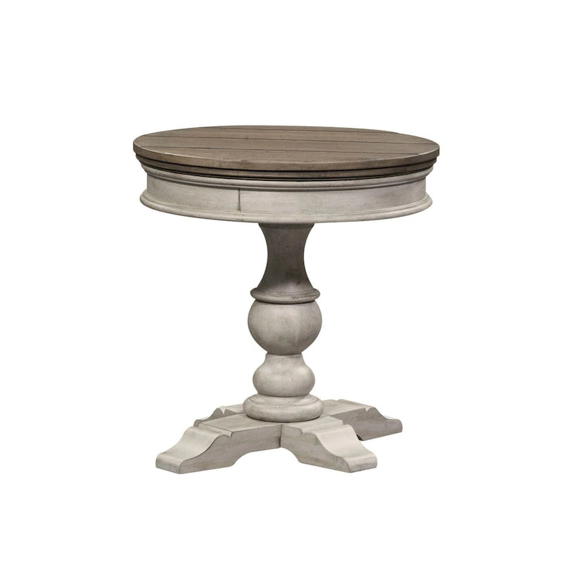 Tavolino da divano/poltrona rotondo con piedistallo, colore bianco antico, marca Heartland