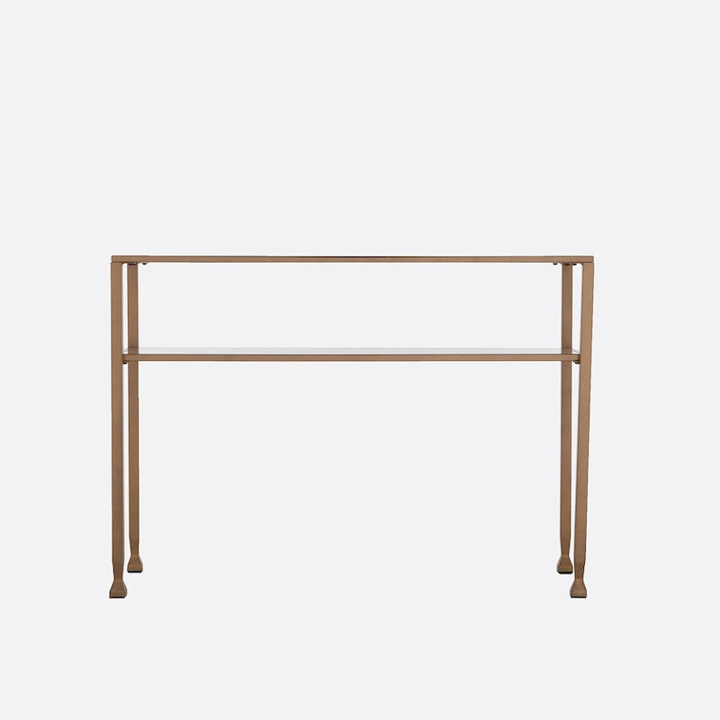 Consolle SEI Furniture con ripiano e vetro temperato, finitura in metallo oro opaco