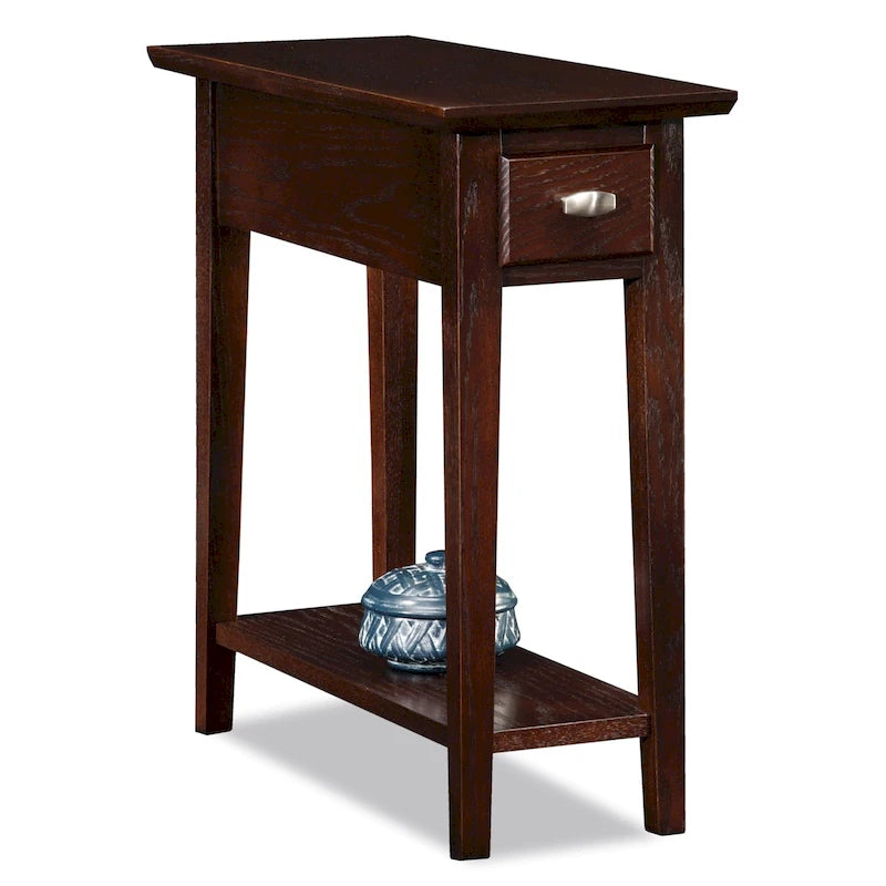 Table d'appoint étroite Teegan en bois massif avec étagère et tiroir