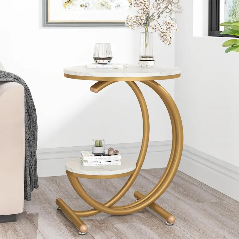 Table d'appoint ronde à deux niveaux en marbre avec étagère de rangement (Moderne/Industriel)