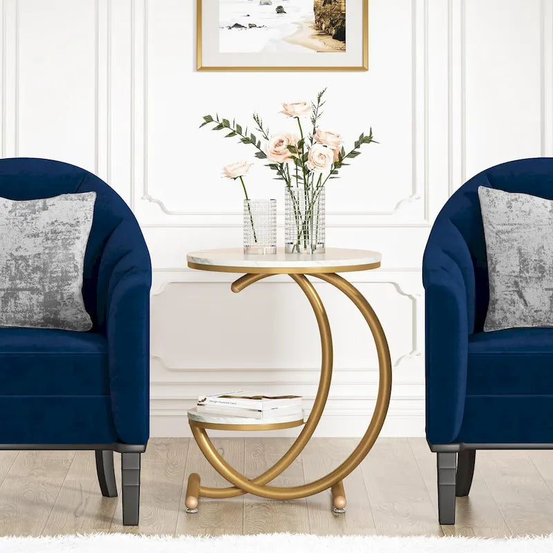 Table d'appoint ronde à deux niveaux en marbre avec étagère de rangement (Moderne/Industriel)