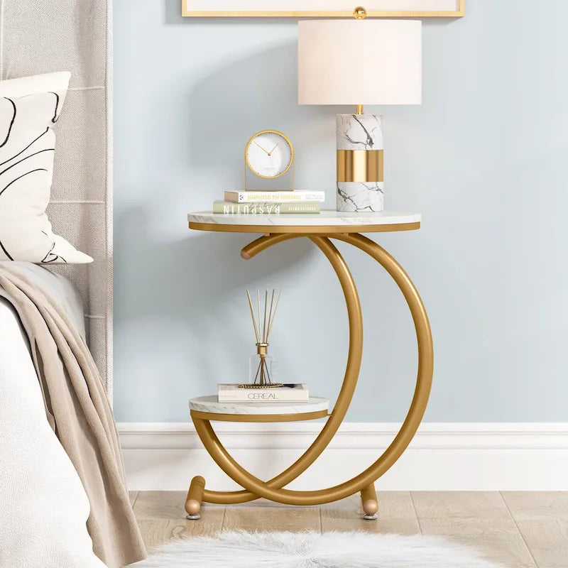 Table d'appoint ronde à deux niveaux en marbre avec étagère de rangement (Moderne/Industriel)