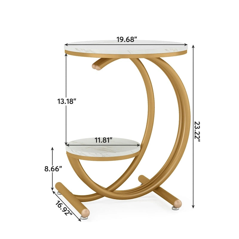 Table d'appoint ronde à deux niveaux en marbre avec étagère de rangement (Moderne/Industriel)