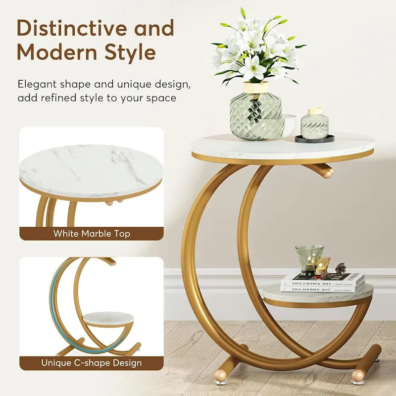 Table d'appoint ronde à deux niveaux en marbre avec étagère de rangement (Moderne/Industriel)