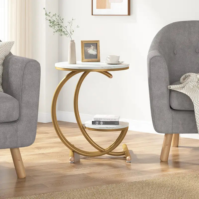 Table d'appoint ronde à deux niveaux en marbre avec étagère de rangement (Moderne/Industriel)