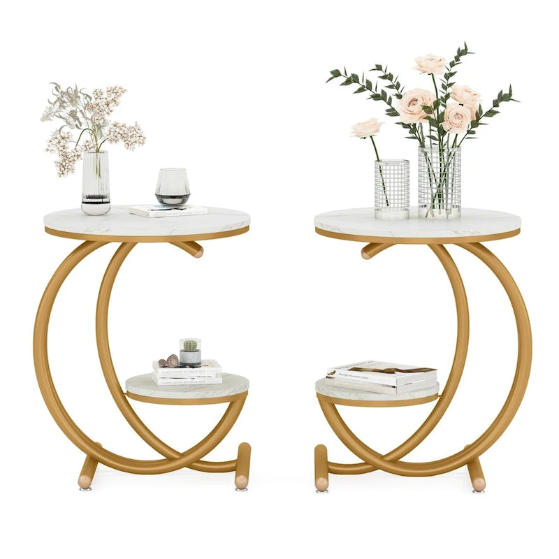 Table d'appoint ronde à deux niveaux en marbre avec étagère de rangement (Moderne/Industriel)
