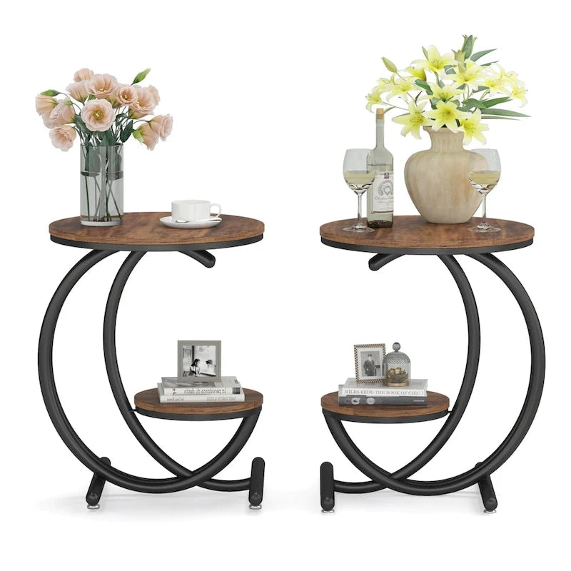 Table d'appoint ronde à deux niveaux en marbre avec étagère de rangement (Moderne/Industriel)