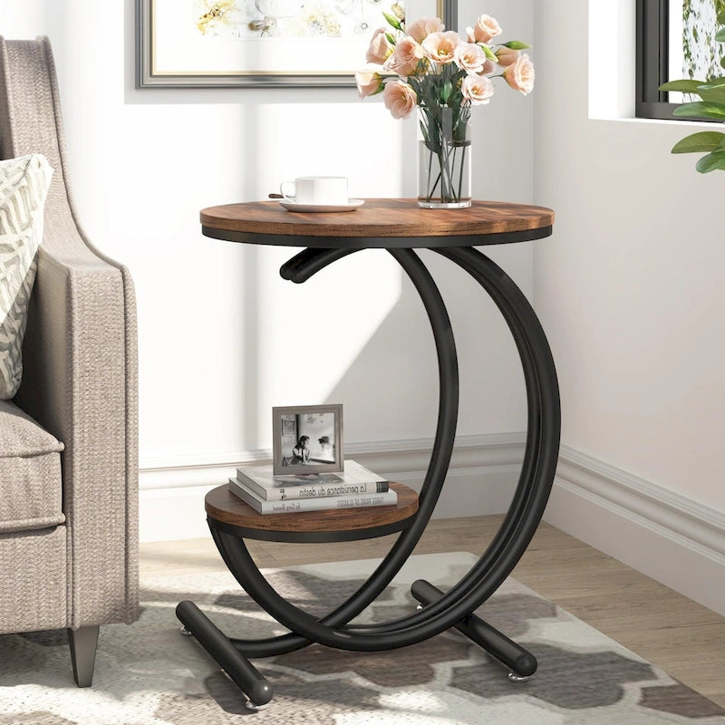 Table d'appoint ronde à deux niveaux en marbre avec étagère de rangement (Moderne/Industriel)