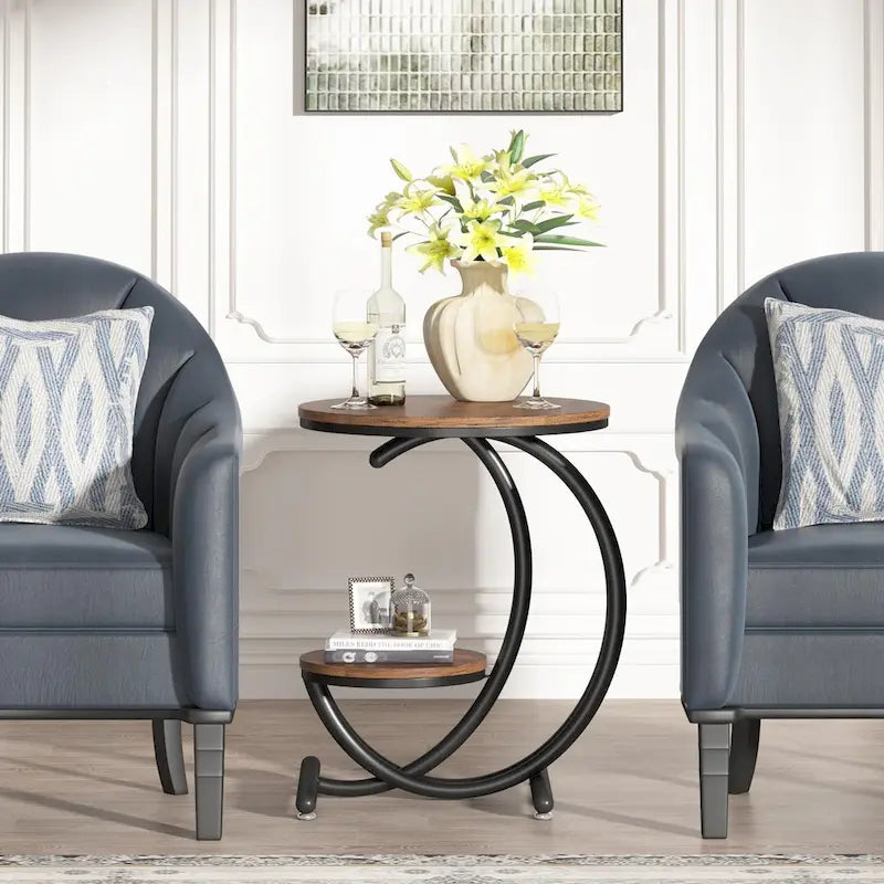 Table d'appoint ronde à deux niveaux en marbre avec étagère de rangement (Moderne/Industriel)