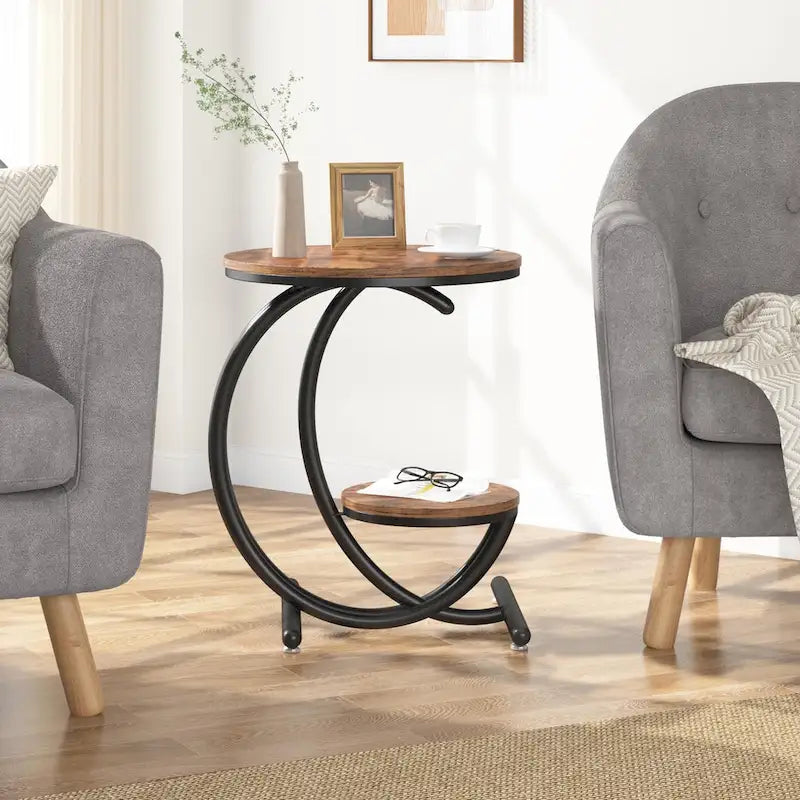 Table d'appoint ronde à deux niveaux en marbre avec étagère de rangement (Moderne/Industriel)