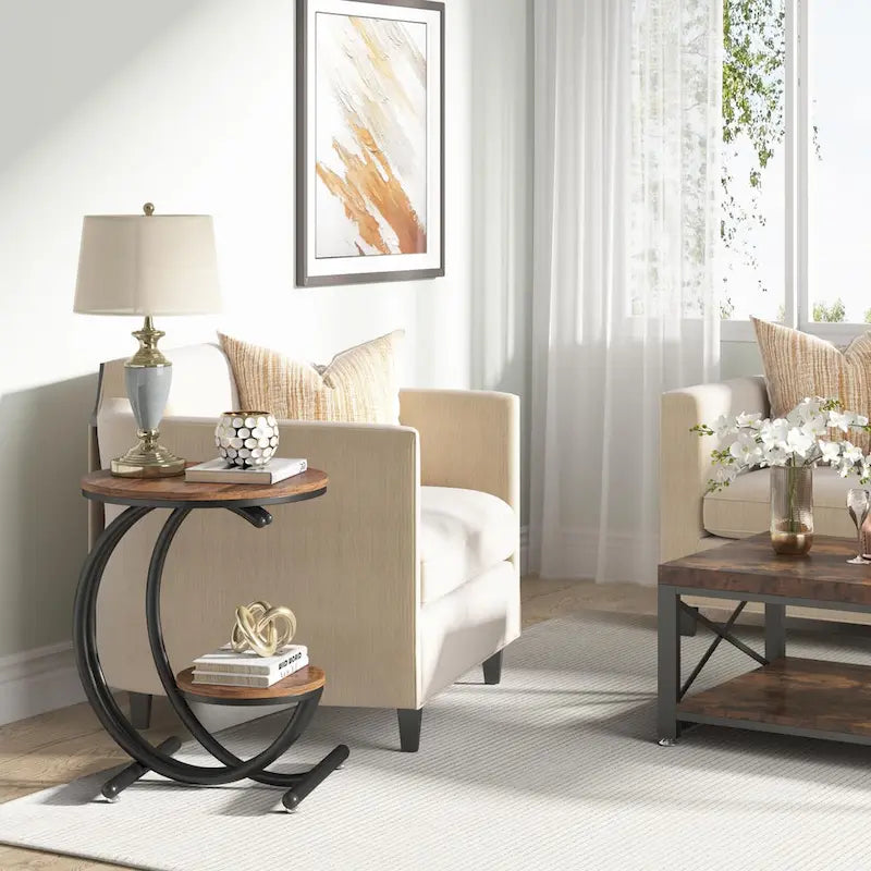 Table d'appoint ronde à deux niveaux en marbre avec étagère de rangement (Moderne/Industriel)