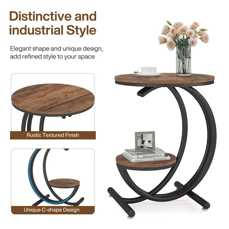 Table d'appoint ronde à deux niveaux en marbre avec étagère de rangement (Moderne/Industriel)