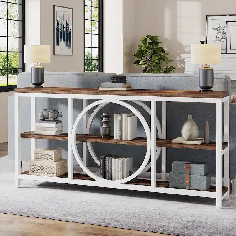 Tavolo Consolle Extra Lungo 180 cm, Tavoli da Divano Stretti con 3 Ripiani in Legno