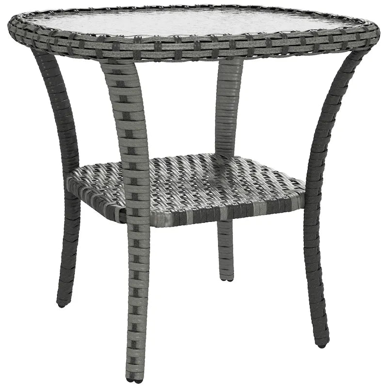 Table basse en rotin Outsunny avec étagère de rangement, table d'appoint en osier avec plateau en verre, table d'appoint d'extérieur pour jardin, porche, arrière-cour