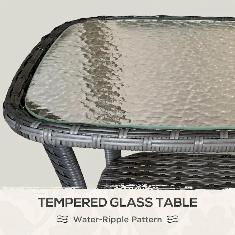 Table basse en rotin Outsunny avec étagère de rangement, table d'appoint en osier avec plateau en verre, table d'appoint d'extérieur pour jardin, porche, arrière-cour
