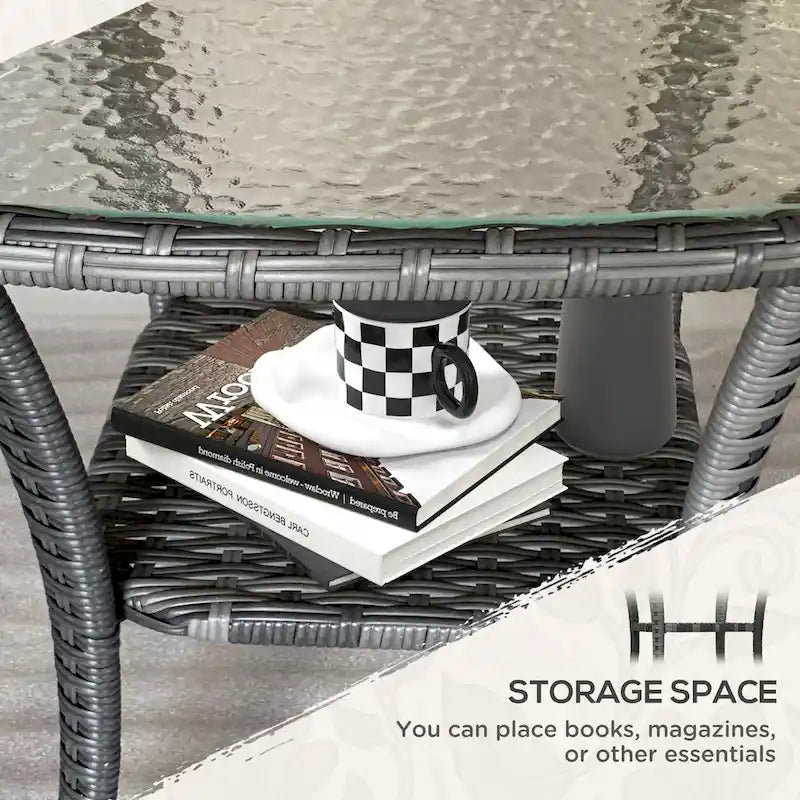 Table basse en rotin Outsunny avec étagère de rangement, table d'appoint en osier avec plateau en verre, table d'appoint d'extérieur pour jardin, porche, arrière-cour
