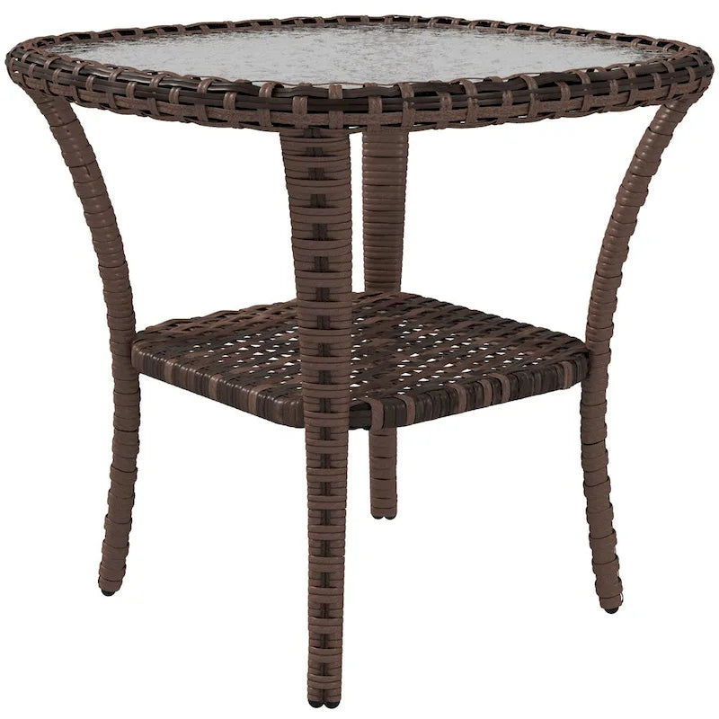 Table basse en rotin Outsunny avec étagère de rangement, table d'appoint en osier avec plateau en verre, table d'appoint d'extérieur pour jardin, porche, arrière-cour