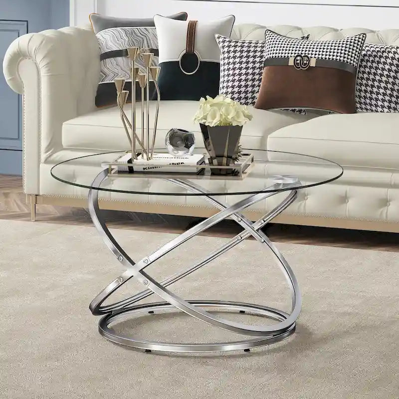 Tavolino da caffè rotondo Myhozm Accent con piano in vetro/pietra e base in metallo