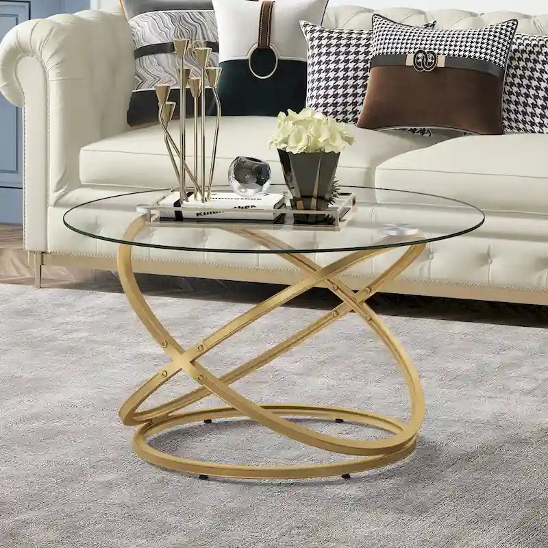 Tavolino da caffè rotondo Myhozm Accent con piano in vetro/pietra e base in metallo