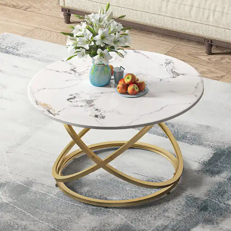 Tavolino da caffè rotondo Myhozm Accent con piano in vetro/pietra e base in metallo