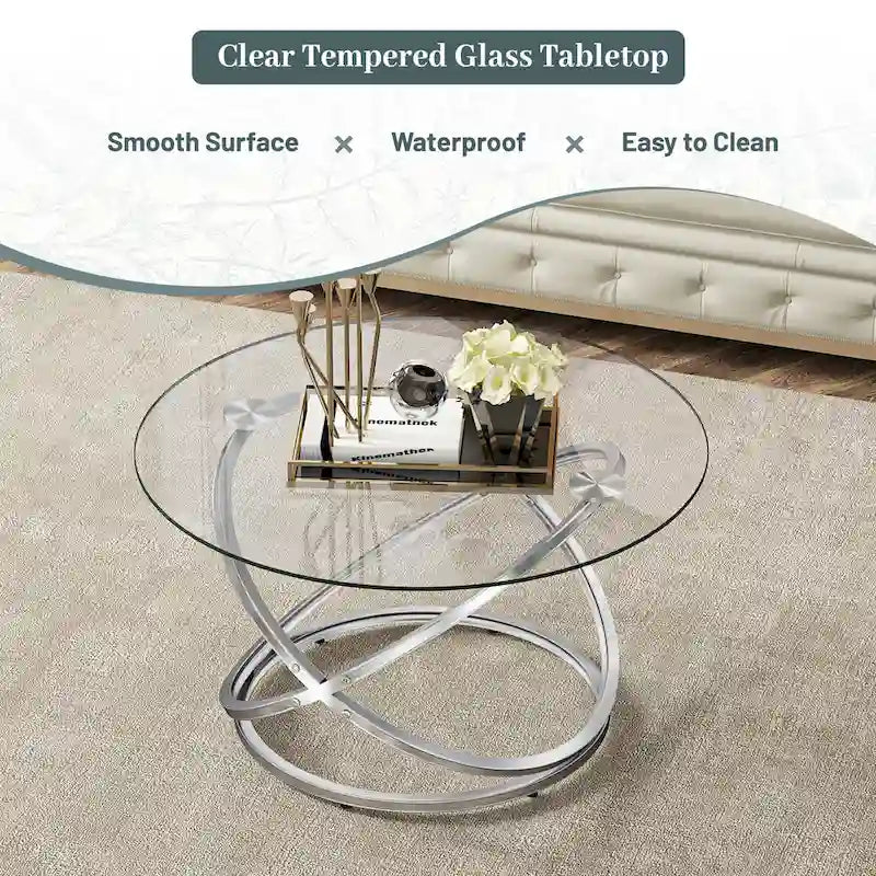 Tavolino da caffè rotondo Myhozm Accent con piano in vetro/pietra e base in metallo