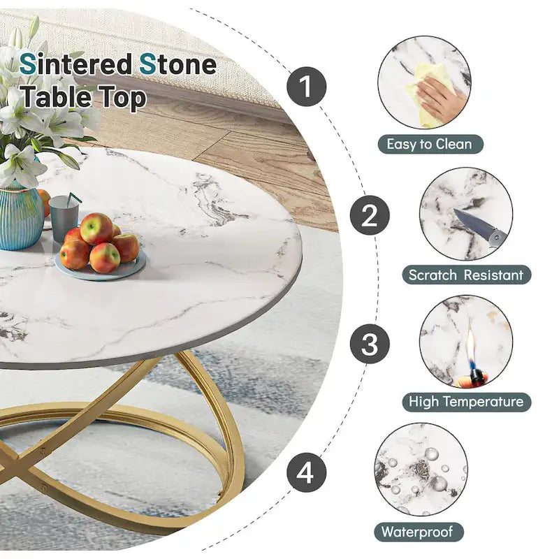 Tavolino da caffè rotondo Myhozm Accent con piano in vetro/pietra e base in metallo