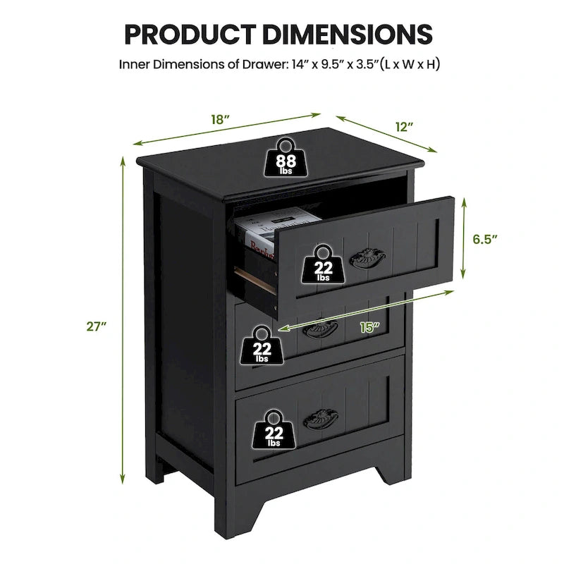 Comodino con 3 cassetti Tavolino da camera Organizer Contenitore Tavolino d'accento